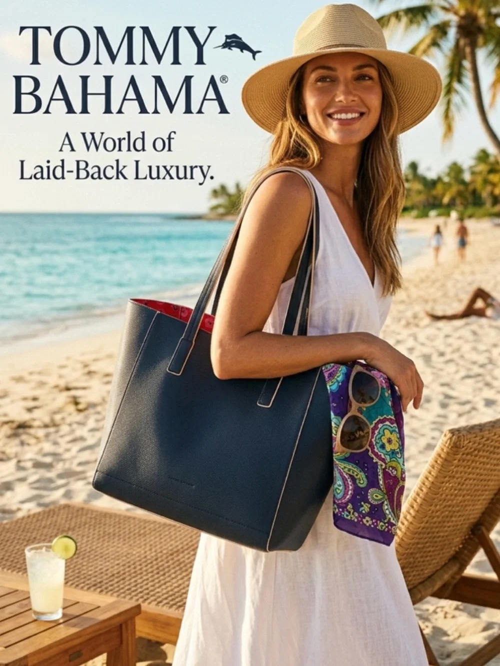 Like New ~ Tommy Bahama Navy Tote with Red Interior Accent